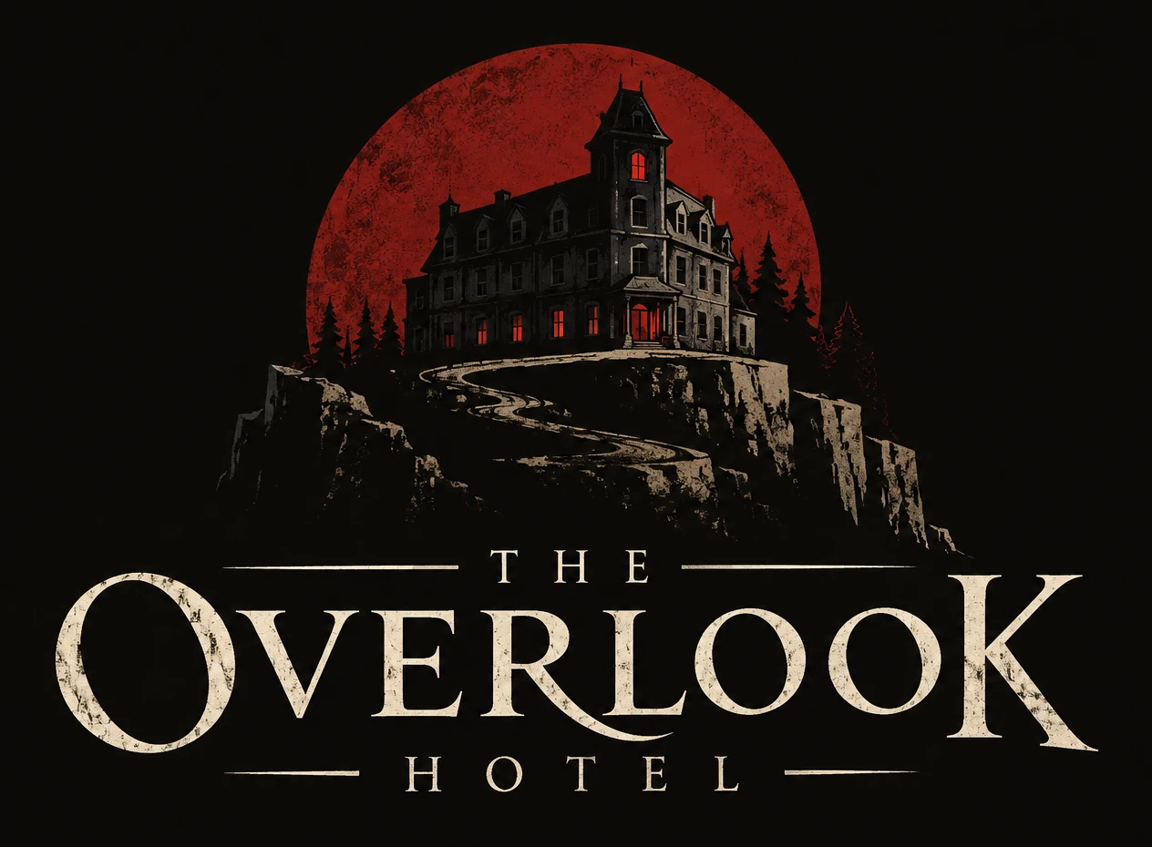 The Overlook Hotel: a dark manor on a cliff beneath a blood-red moon
